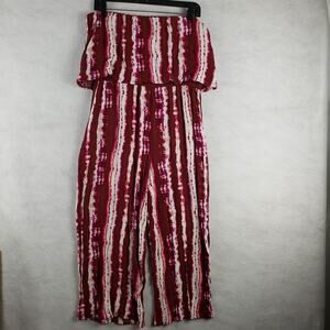 Gypsies & Moondust Women's XL Strapless Ruffle Romper Maroon Pink Stripe Tie Dye